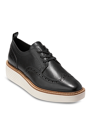 Cole Haan Women's Lace Up Platform Brogue Wingtip Oxford Flats In Black/ivory