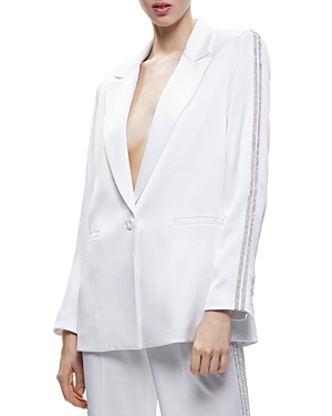 Alice And Olivia Denny Satin Blazer With Crystal Trim In White Crystal Trim