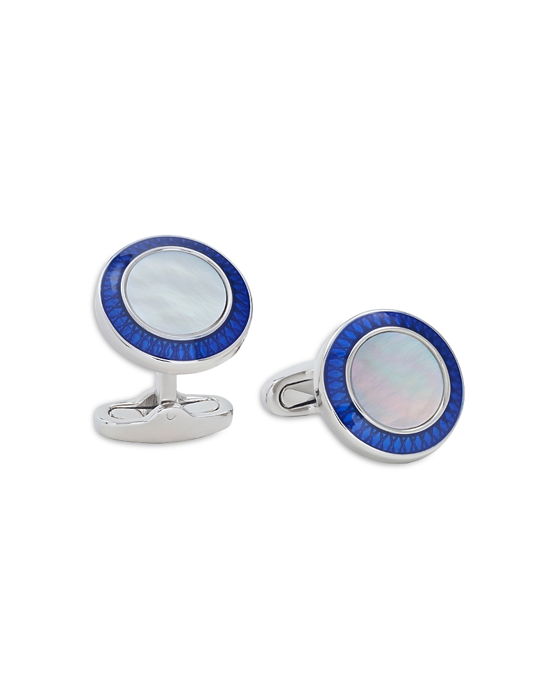Link Up Round Mother Of Pearl Cufflinks With Blue Border In Silver