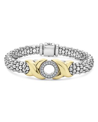 LAGOS - 18K Yellow Gold & Sterling Silver Embrace Diamond XO Caviar Bead Link Bracelet