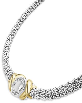 18K Yellow Gold & Sterling Silver Embrace Diamond XO Caviar Bead Collar Necklace, 18"