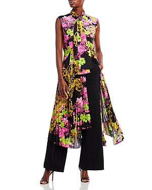 Versace Printed Plissé Crepe De Chine Midi Dress In Black/pink