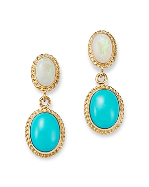 Bloomingdale's Opal & Turquoise Double Drop Earrings In 14k Yellow Gold In Blue/white