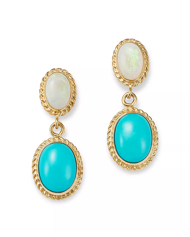 Bloomingdale's Fine Collection Opal & Turquoise Double Drop Earrings in 14K Yellow Gold