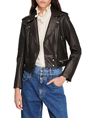 Shop Sandro Cropped Leather Jacket In Black