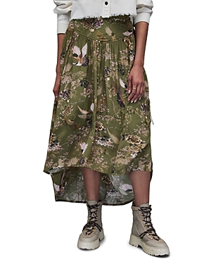 Allsaints Kaye Peggy Printed Ruched Skirt In Khaki Green