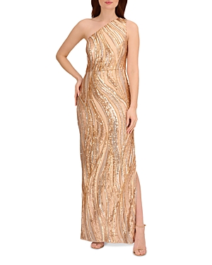 Adrianna Papell Sequined One Shoulder Gown In Champgold