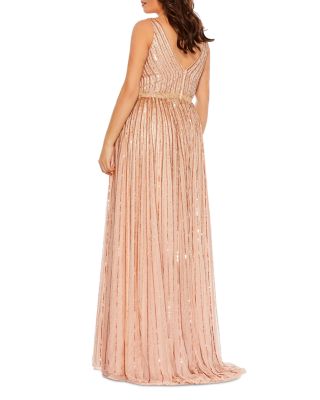  Plus Sequined Striped Sleeveless V Neck A Line  Gown