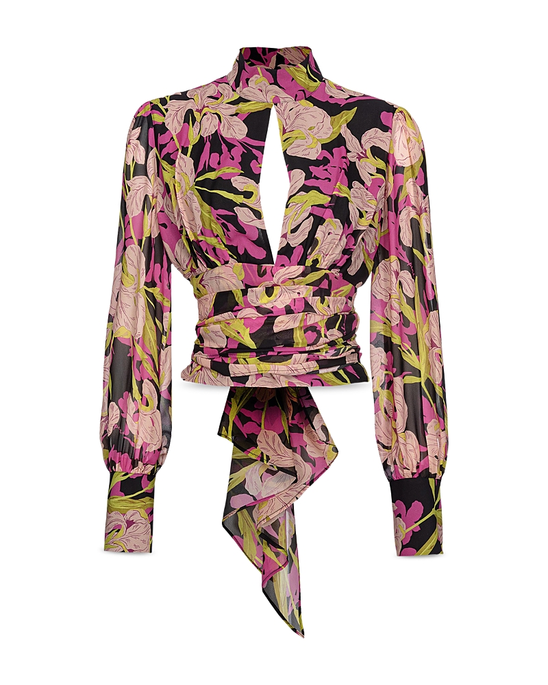 Pinko Rivelatore Floral Georgette Sash-tie Cutout Blouse In Multicolour - Black/fuchsia
