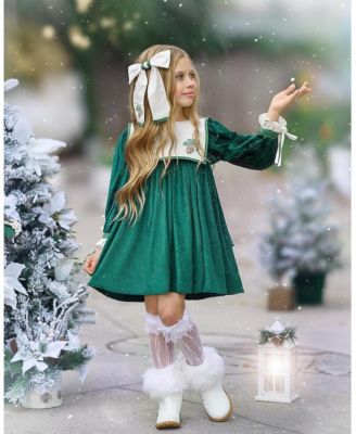 Girls' Everly Damask Velour Green Dress - Baby, Little Kid, Big Kid