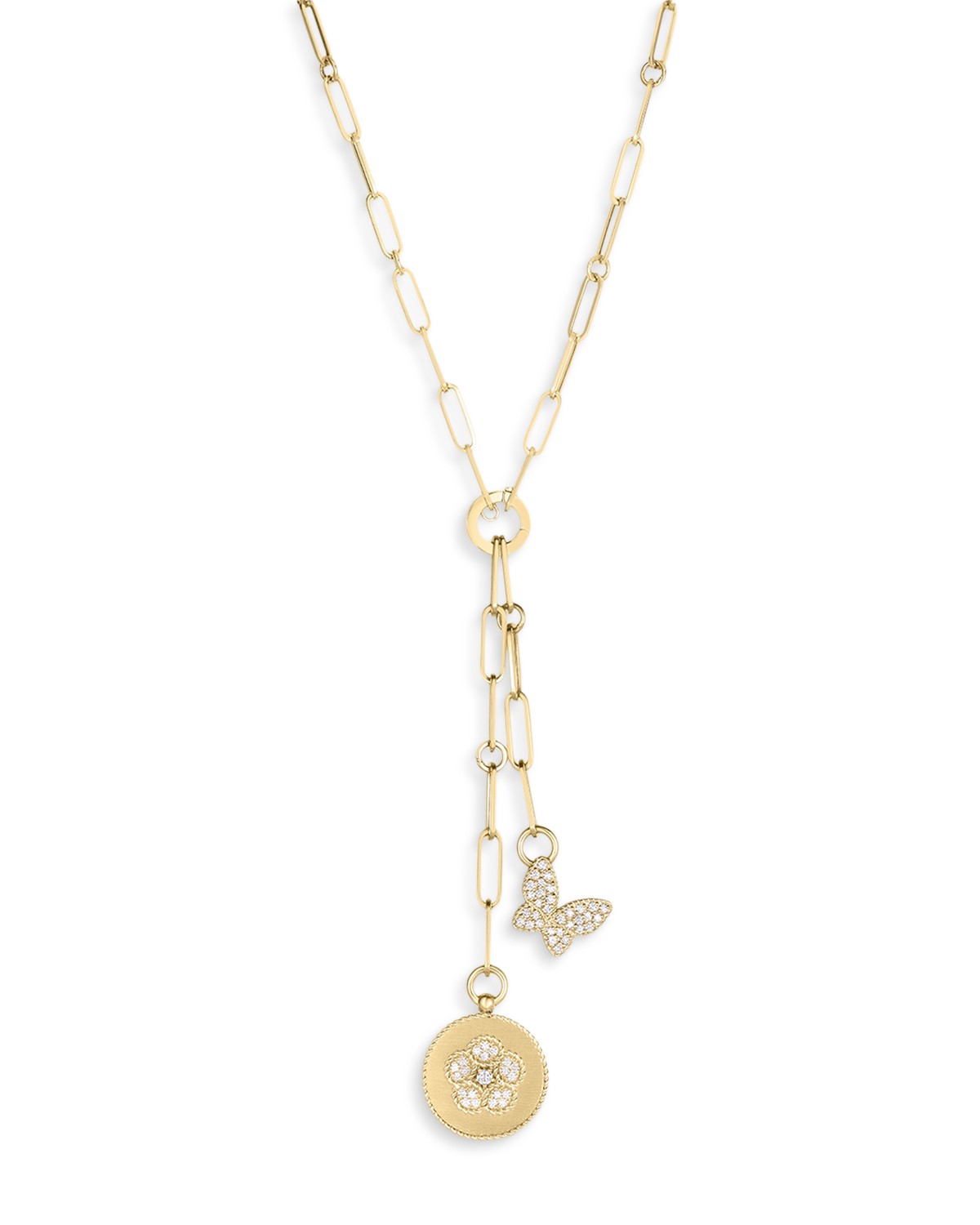 18K Yellow Gold Daisy Diamond Flower Disc & Butterfly Lariat Necklace, 17"