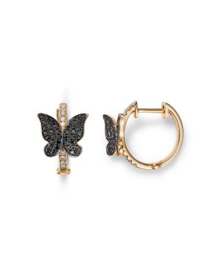 Black & White Diamond Butterfly Hoop Earrings in 14K Yellow Gold, 0.32 tcw