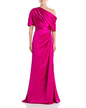 Amsale Gathered One-shoulder Satin Gown In Fuchsia