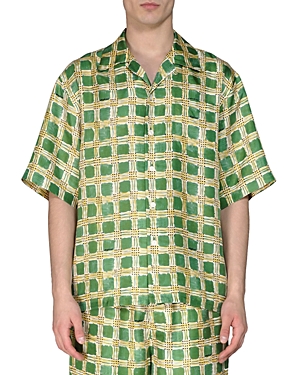 Marni Men's Check Fields Silk Camp Shirt In Prim Green