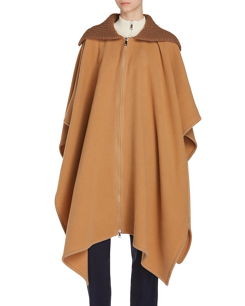 Moncler Wool Long Cape With Knit Collar In Sand