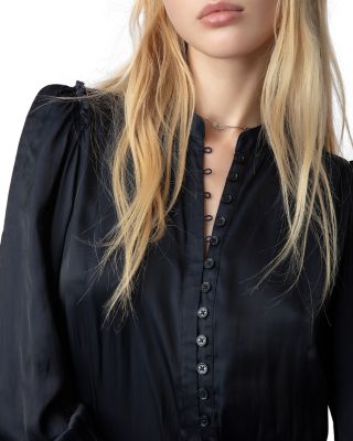 satin button front midi dress Victoria Silk Button Down Midi Dress in black
