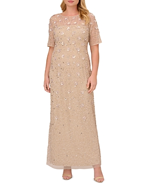 Adrianna Papell Plus Embellished Floral Mesh Gown In Biscotti