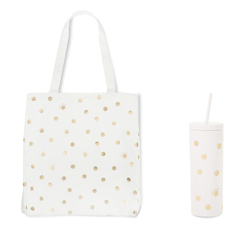 Kate Spade New York Gold Dot With Script Tote & Tumbler Set In Gold