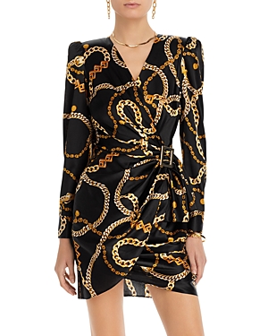 L Agence Clarice Chain Print Long Sleeve Stretch Silk Dress In Black Gold