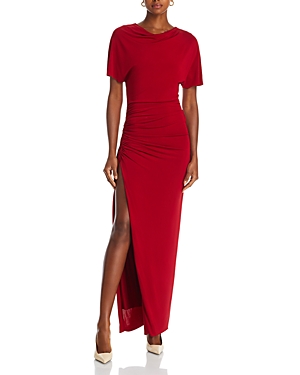 Shop Jason Wu Shirred Jersey Cowl Neck Gown In Red