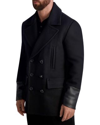 KARL LAGERFELD PARIS - Faux Leather Trimmed Regular Fit Double Breasted Peacoat