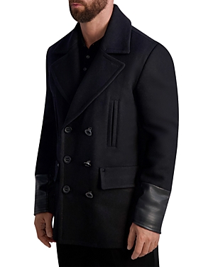 Shop Karl Lagerfeld Faux Leather Trimmed Regular Fit Double Breasted Peacoat In Black
