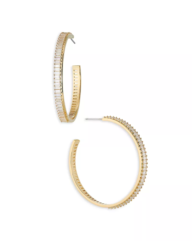 Nadri Disco Baguette Large Hoop Earrings in Rhodium Plated or 18K Gold Plated