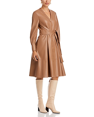 Kobi Halperin Fontana Faux Leather Belted Dress In Warm Tan