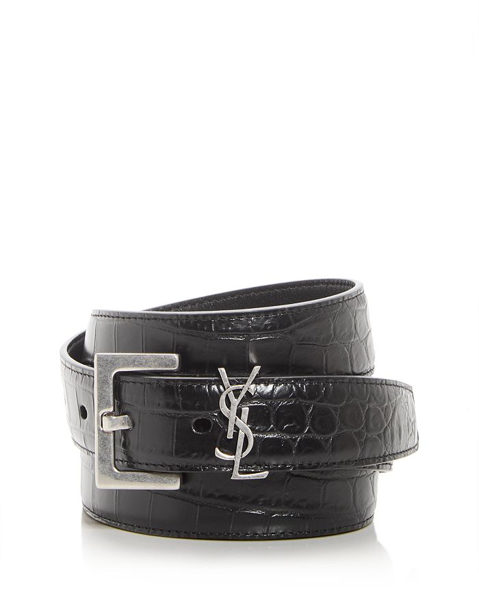 Saint Laurent Men's YSL Logo Croc Embossed Leather Belt