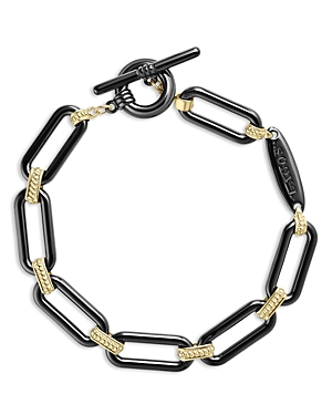 Shop Lagos 18k Yellow Gold Signature Caviar Black Ceramic Link Toggle Bracelet In Black/gold