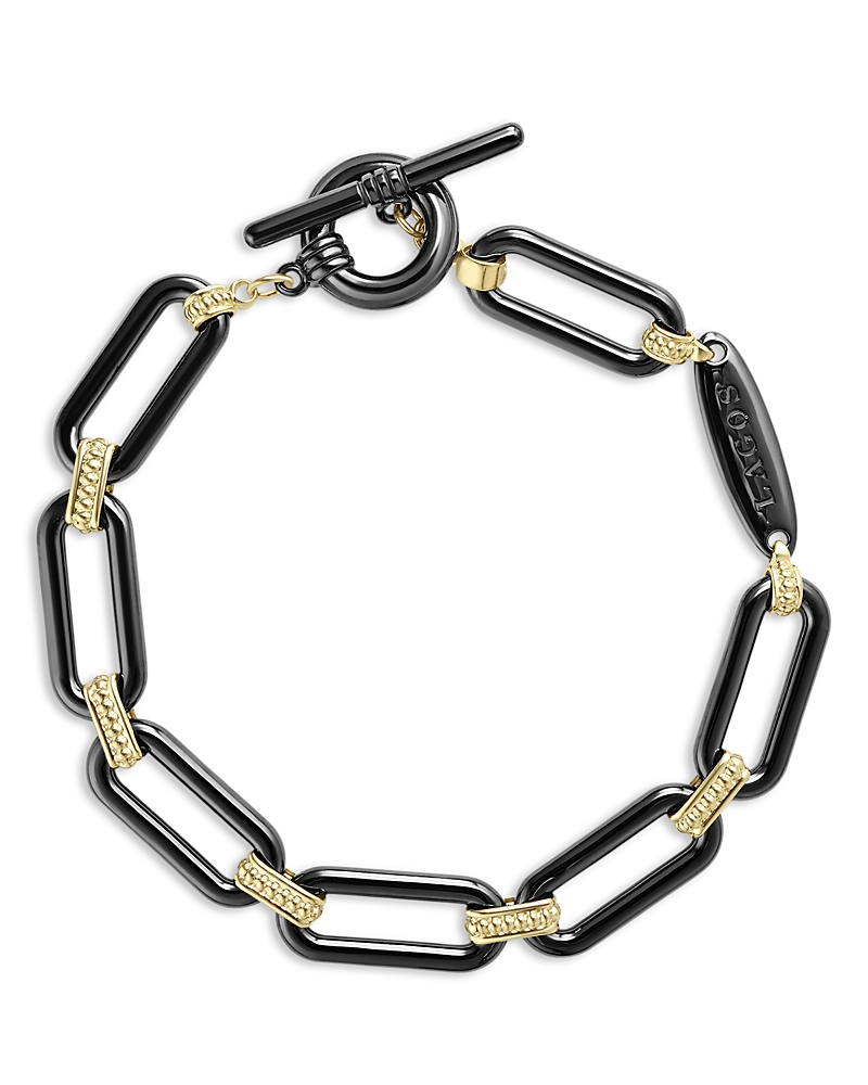 Lagos Signature Caviar Ceramic Link Bracelet In Black/gold