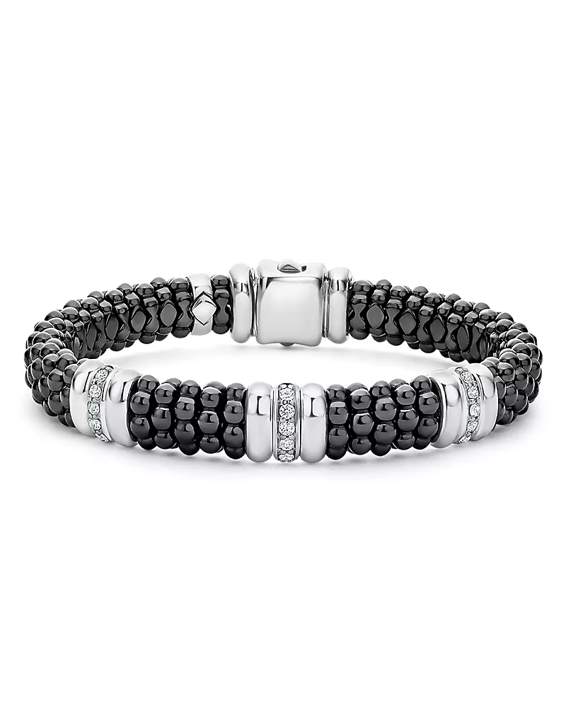 Lagos Sterling Silver Black Caviar Black Ceramic & Diamond Rondelle Beaded Bracelet