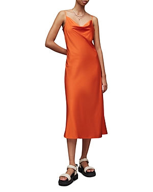 Allsaints Womens Pop Orange Hadley Cowl Neck Stretch Recycled Polyester-blend Midi Dress In Pop Orange