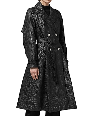 Versace Belted Techno Lacquered Crocodile-coquet Trench Coat In Black