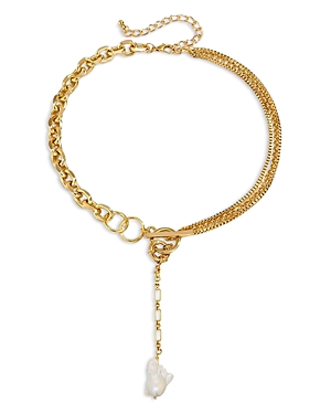 Aqua Imitation Pearl Asymmetrical Chain Lariat Necklace In 14k Gold Plated, 15.5-18.5 - 100% Exclusive In White/gold
