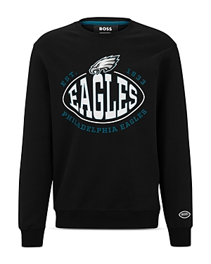 Shop Hugo Boss Nfl Philadelphia Eagles Cotton Blend Printed Regular Fit Crewneck Sweatshirt In Charcoal