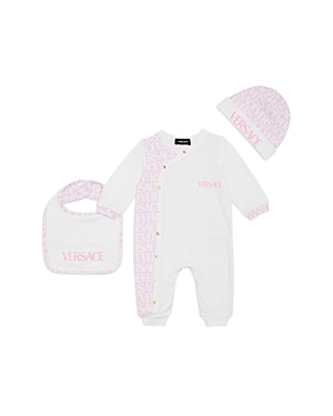 Versace Unisex Logo Print Playsuit, Hat & Bib Set - Baby In White/pink