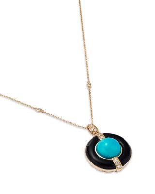 Turquoise, Onyx, & Diamond Pendant Necklace in 14K Yellow Gold, 18"