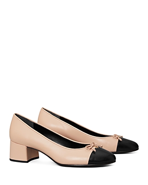 Tory Burch Bow Logo Cap Toe Pump In Shell Pink/black