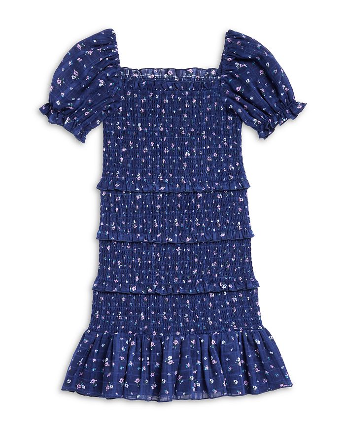 Katiejnyc Girls' Laila Puff Sleeve Tiered Smocked Dress - Big Kid In Evening Blue Floral