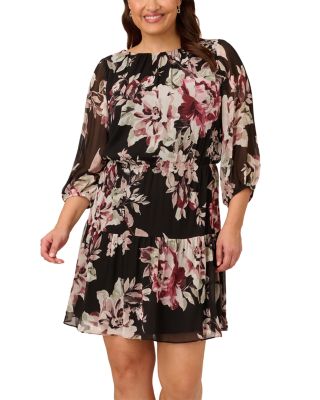 Adrianna Papell Plus Blouson Chiffon Dress In Black Multi ModeSens