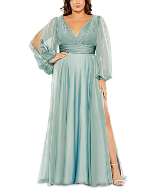 Shop Mac Duggal Plus V Neck Split Sleeve Gown In French Blue