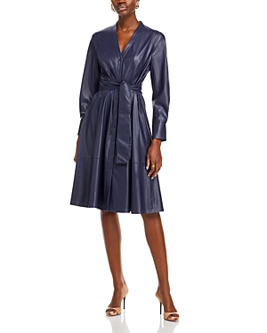 Kobi Halperin Fontana Belted Faux Leather Midi Dress In Navy