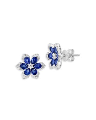 Blue Sapphire &amp; Diamond Flower Stud Earrings in 14K White Gold