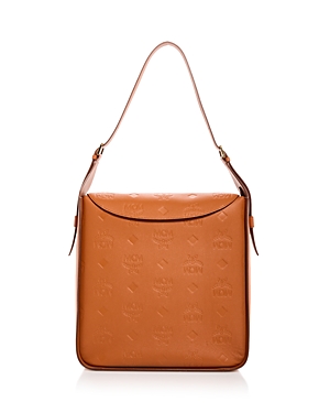 Shop Mcm Aren Logo Embossed Leather Hobo In Bombay Brown