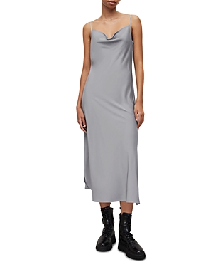 Allsaints Womens Stormcloud Gre Hadley Cowl Neck Stretch Recycled Polyester-blend Midi Dress In Storm Cloud