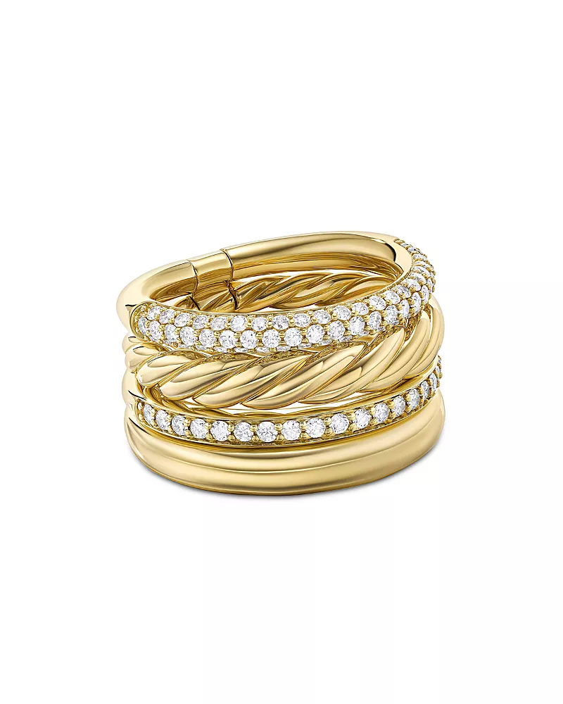 David Yurman Dy Mercer Multi Row Ring in 18K Yellow Gold with Pave Diamonds