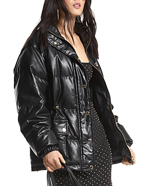 Faux Leather Midweight Puffer Coat