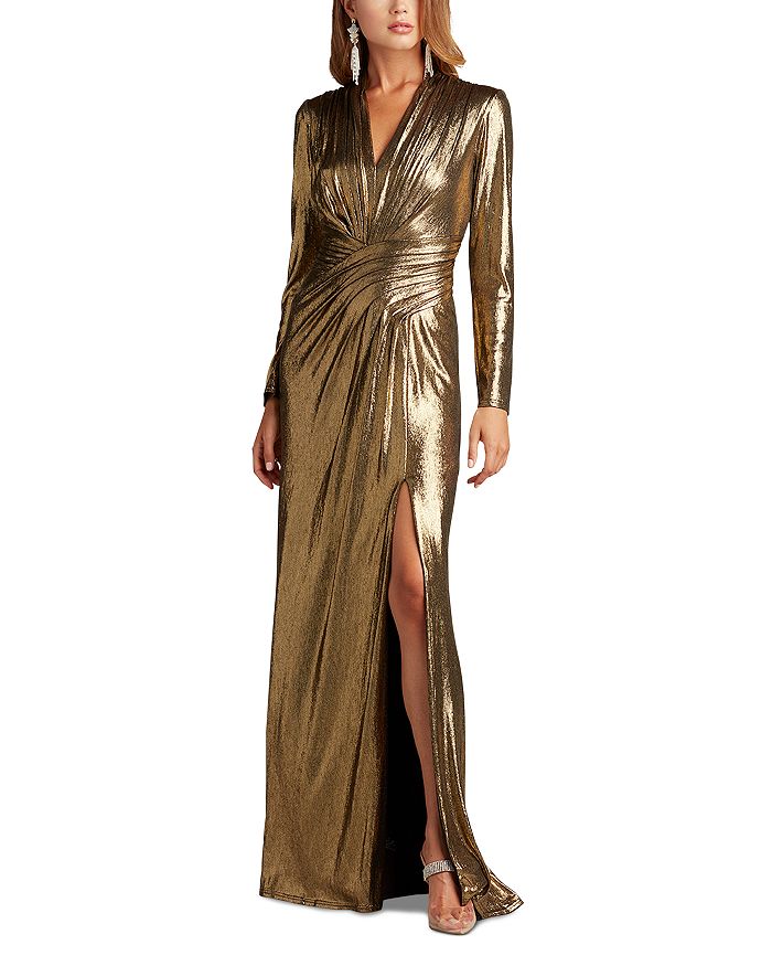 Tadashi Shoji V Neck Draped Metallic Gown | Bloomingdale's