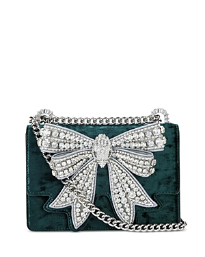 Kurt Geiger Shoreditch Small Crystal Embellished Bow Leather Crossbody In Turquoise Velvet